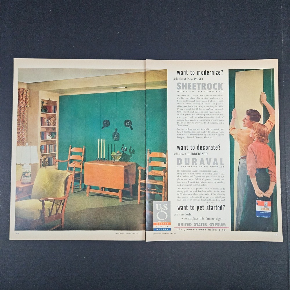 1953 United States Gypsum Wallboard Vintage Print Ad Sheetrock‎ Toronto Montreal
